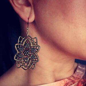 UPCYCLED Dangle Earrings Women Antique Brass Gold Celtic Filigree Lace Handmade